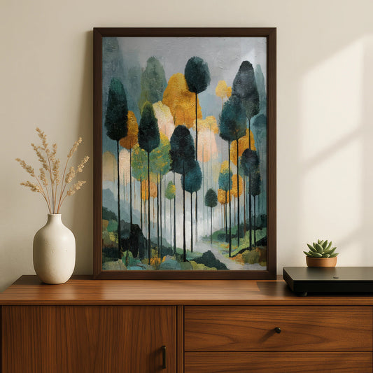 Abstract Woodland Poster, Teal Gold Forest Wall Art, Misty Trees, Nature Poster for Living Room - COUNTY HOUSE SIGNS