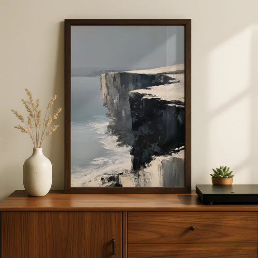 Coastal Cliffs Poster, Abstract Ocean Wall Art, Dramatic Grey Minimalist Seascape Decor - COUNTY HOUSE SIGNS