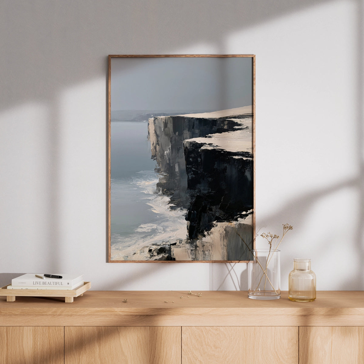 Coastal Cliffs Poster, Abstract Ocean Wall Art, Dramatic Grey Minimalist Seascape Decor - COUNTY HOUSE SIGNS