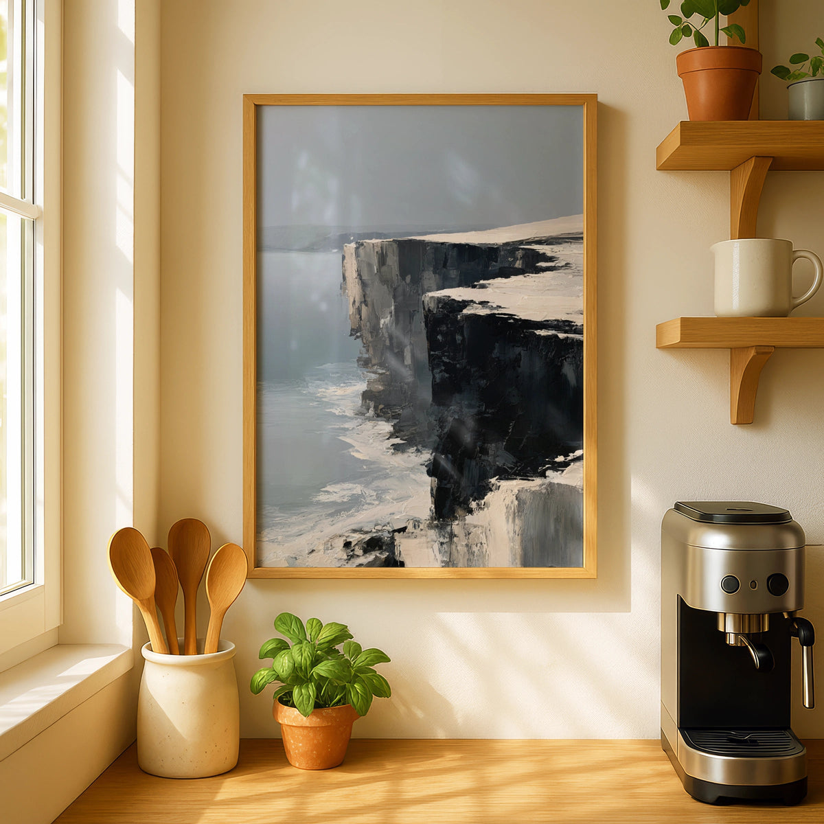 Coastal Cliffs Poster, Abstract Ocean Wall Art, Dramatic Grey Minimalist Seascape Decor - COUNTY HOUSE SIGNS