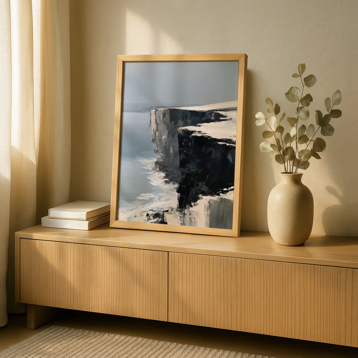 Coastal Cliffs Poster, Abstract Ocean Wall Art, Dramatic Grey Minimalist Seascape Decor - COUNTY HOUSE SIGNS