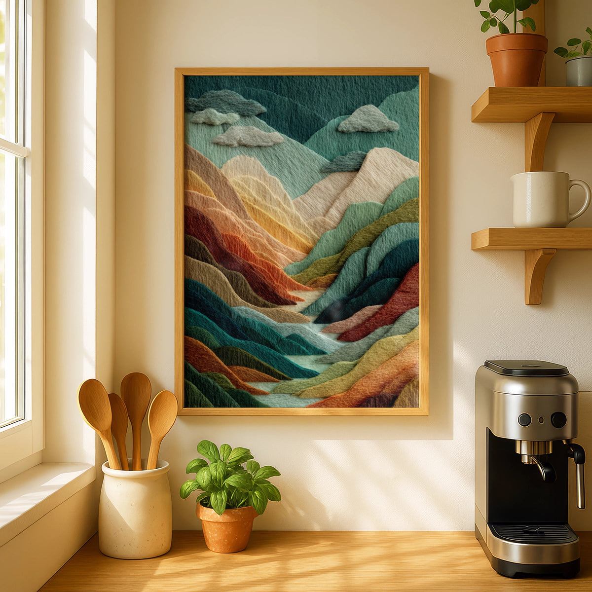 Felt Texture Mountain Landscape Poster, Colourful Japandi Wall Art, Scandinavian Decor - COUNTY HOUSE SIGNS