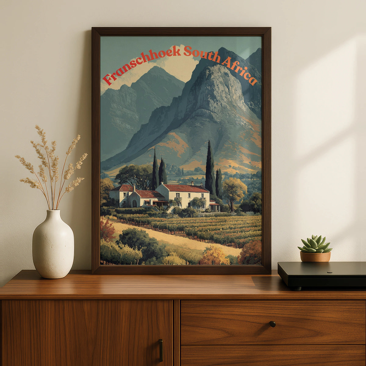 Franschhoek South Africa Travel Poster, Cape Winelands Vineyard Mountain Wall Art - COUNTY HOUSE SIGNS