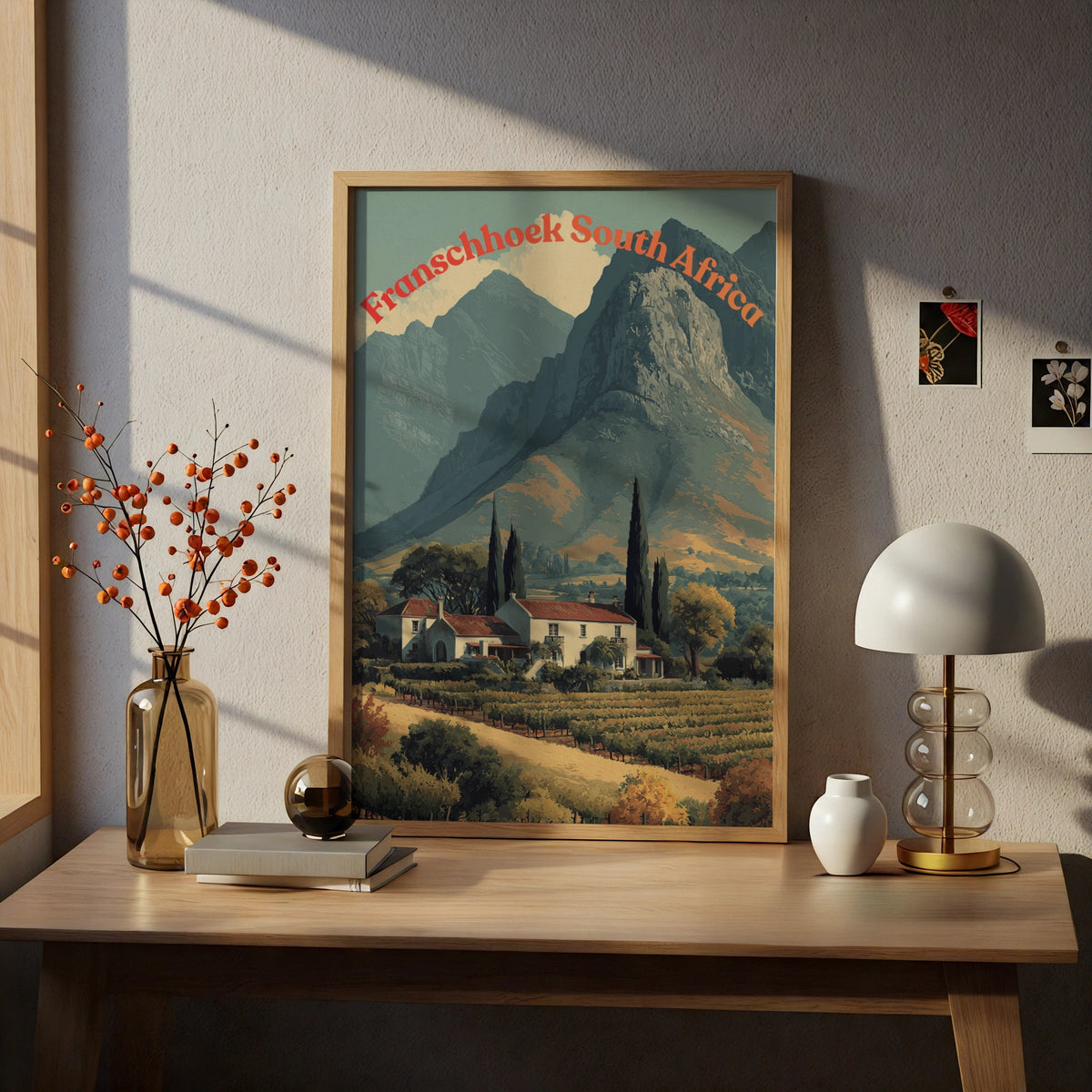 Franschhoek South Africa Travel Poster, Cape Winelands Vineyard Mountain Wall Art - COUNTY HOUSE SIGNS