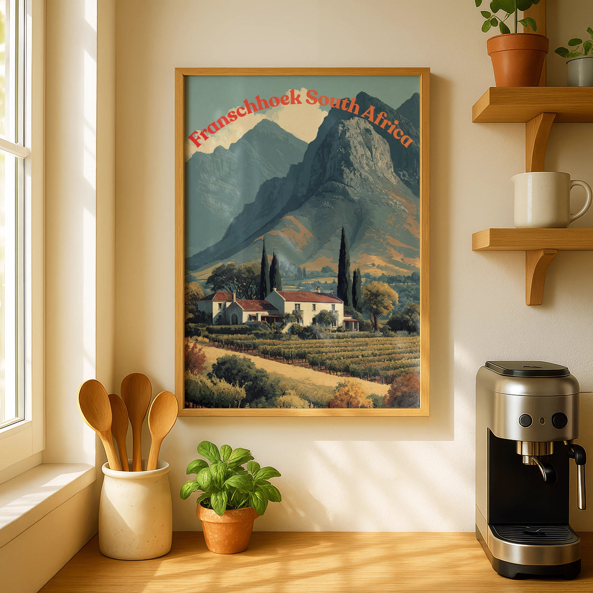 Franschhoek South Africa Travel Poster, Cape Winelands Vineyard Mountain Wall Art - COUNTY HOUSE SIGNS