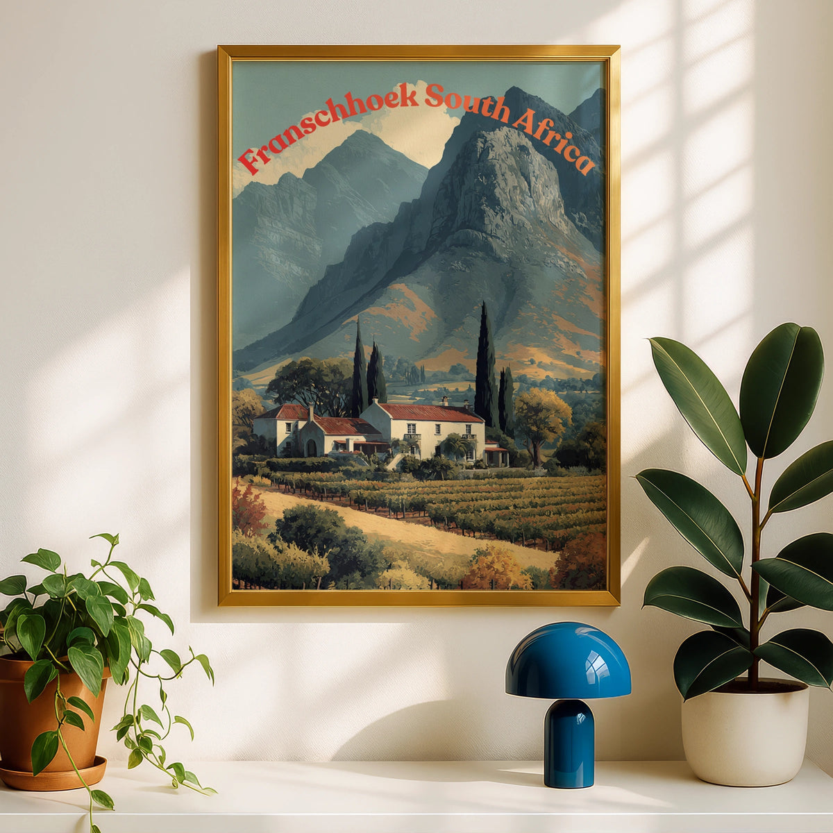 Franschhoek South Africa Travel Poster, Cape Winelands Vineyard Mountain Wall Art - COUNTY HOUSE SIGNS