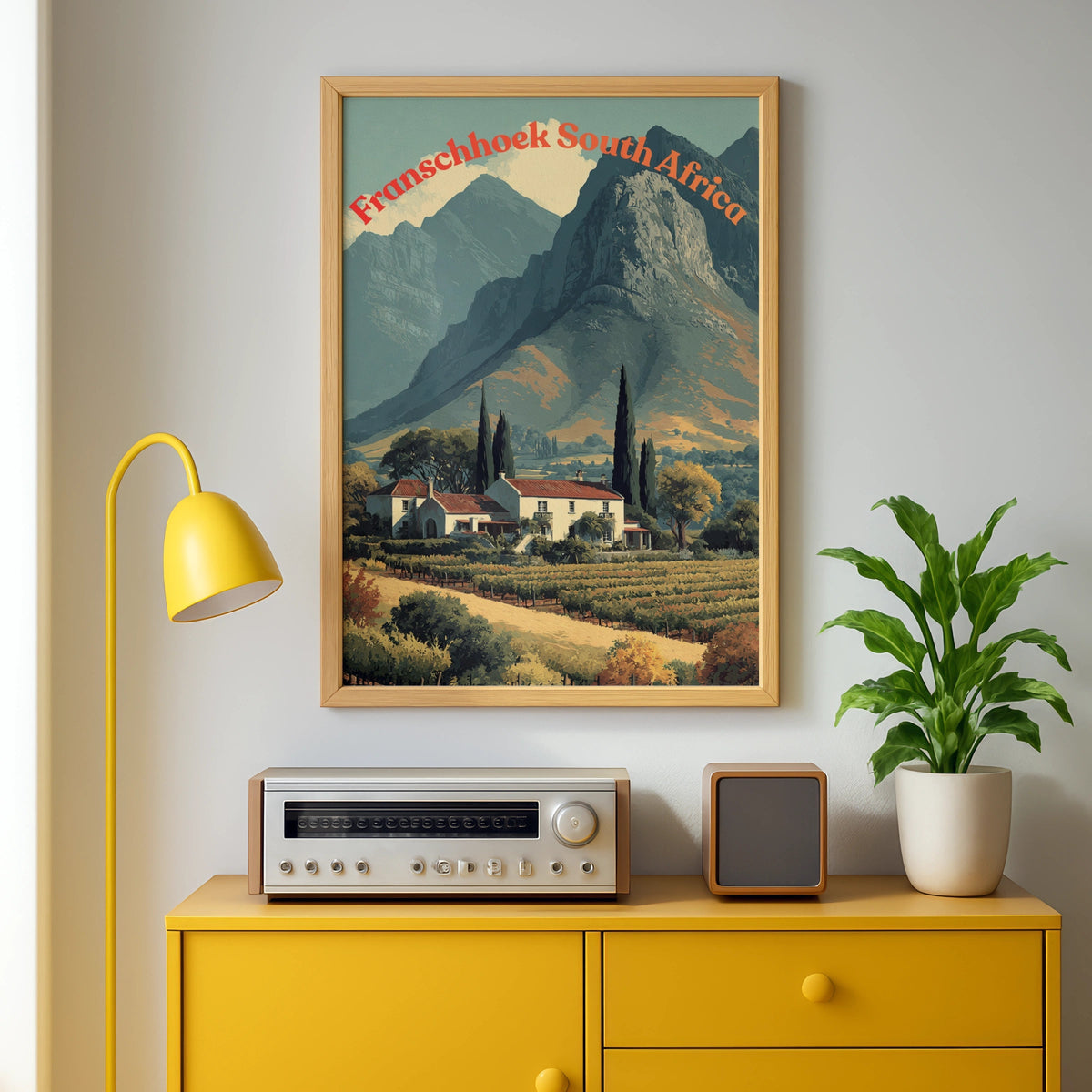 Franschhoek South Africa Travel Poster, Cape Winelands Vineyard Mountain Wall Art - COUNTY HOUSE SIGNS