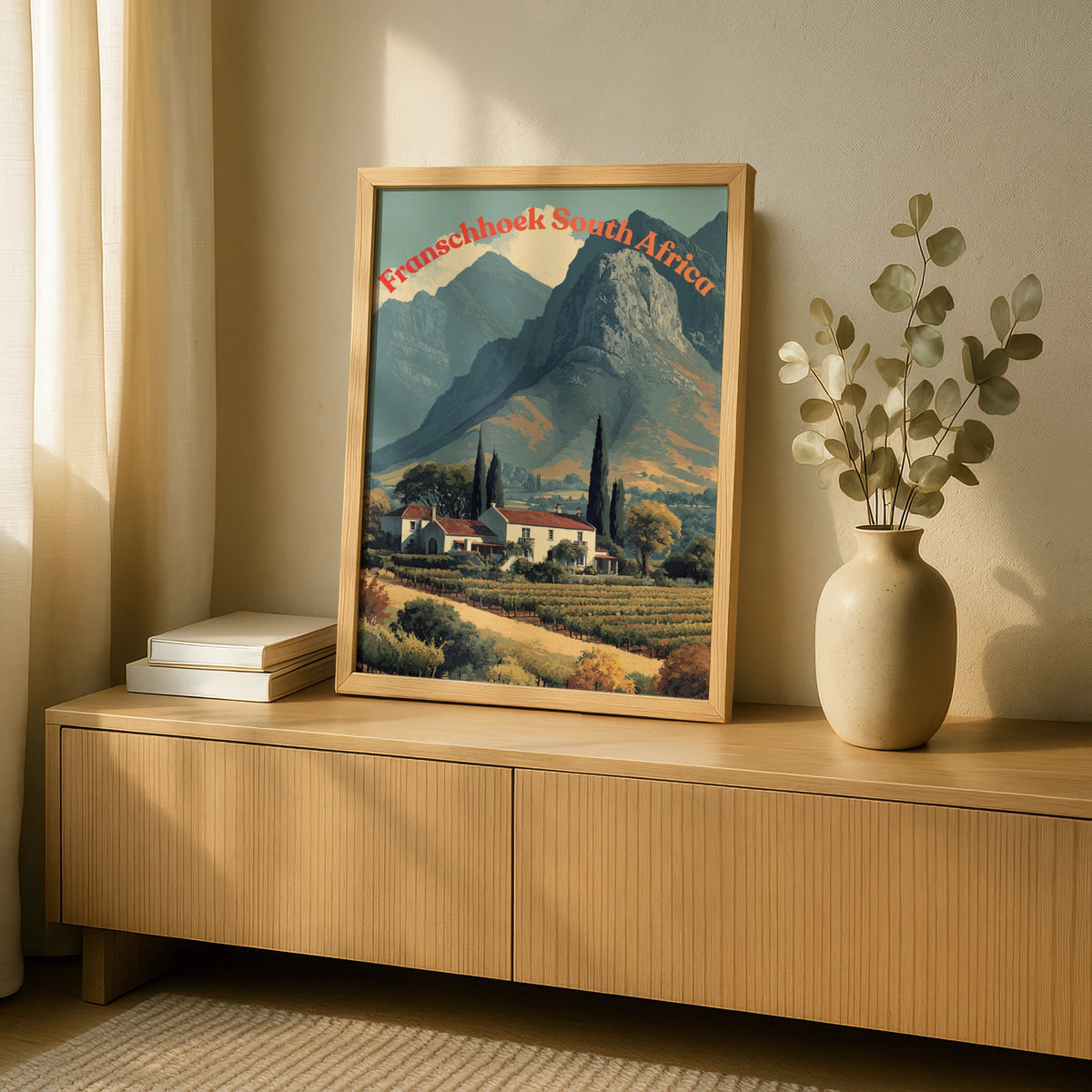 Franschhoek South Africa Travel Poster, Cape Winelands Vineyard Mountain Wall Art - COUNTY HOUSE SIGNS