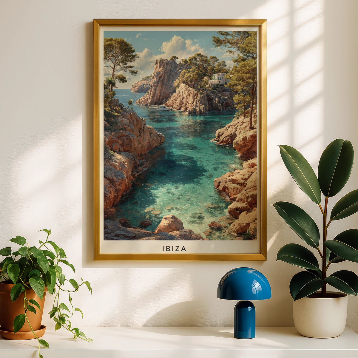 Ibiza Travel Poster, Minimalist Fine Art, Mediterranean Cove Wall Art, Spain - COUNTY HOUSE SIGNS
