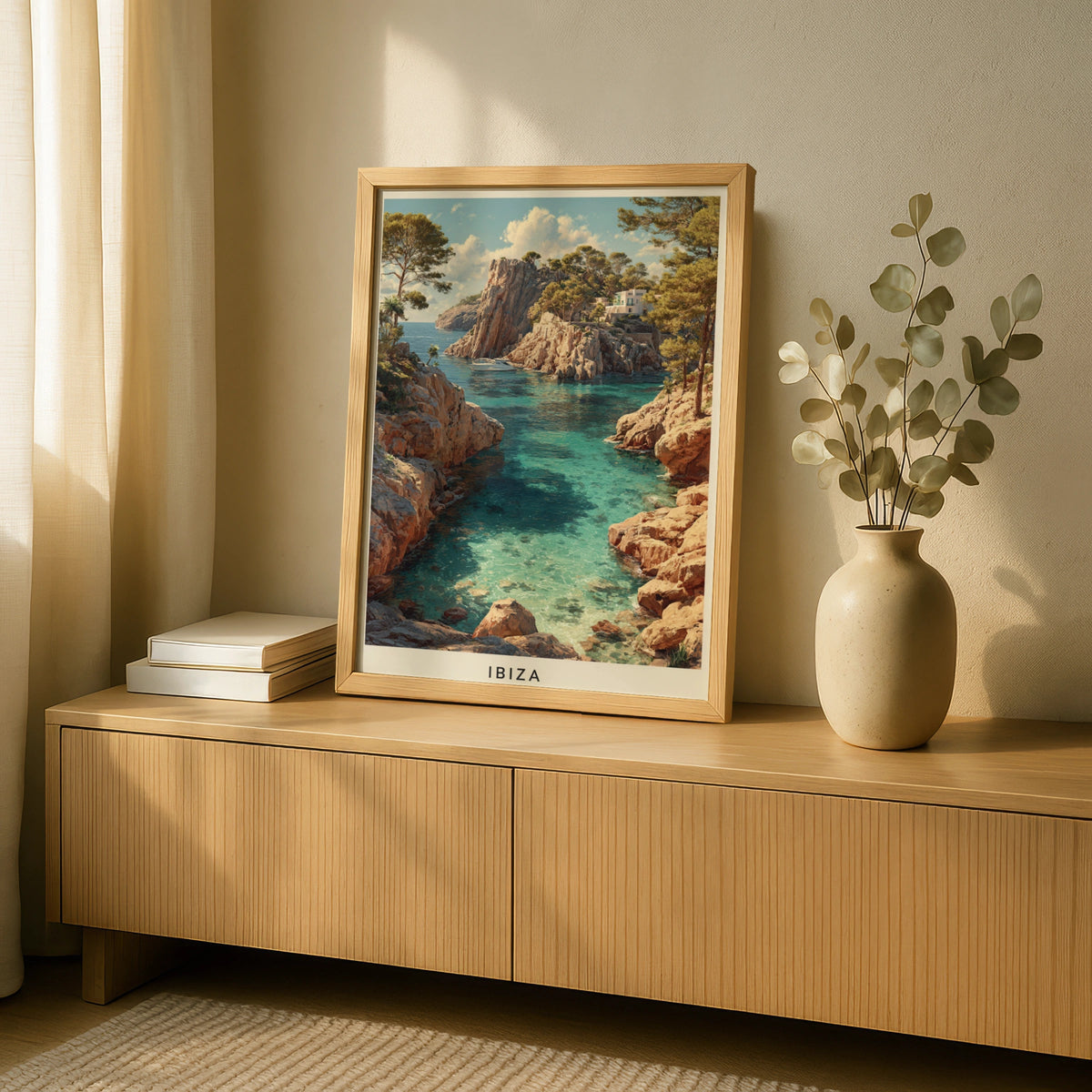 Ibiza Travel Poster, Minimalist Fine Art, Mediterranean Cove Wall Art, Spain - COUNTY HOUSE SIGNS