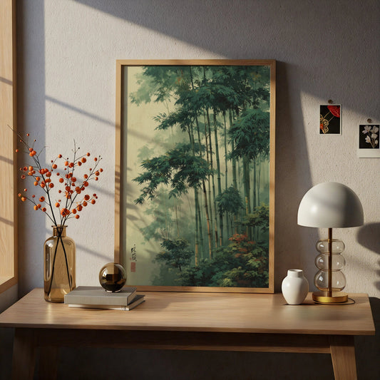 Japanese Bamboo Forest Poster, Botanical Wall Art, Green Zen Woodblock Style Decor - COUNTY HOUSE SIGNS