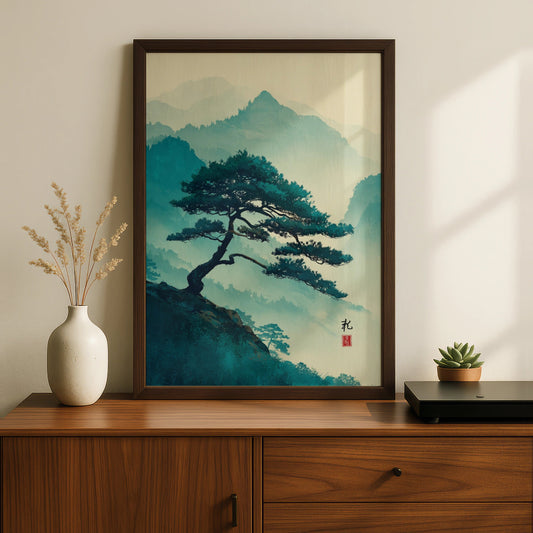 Japanese Pine Tree Mountain Poster, Woodblock Style Wall Art, Teal Nature Decor - COUNTY HOUSE SIGNS