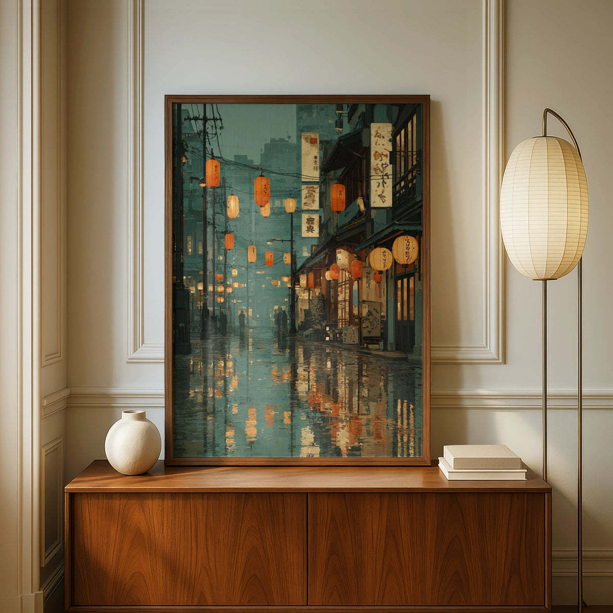 Japanese Street Scene Poster, Rainy Night Lanterns, Teal Orange Urban Wall Art - COUNTY HOUSE SIGNS