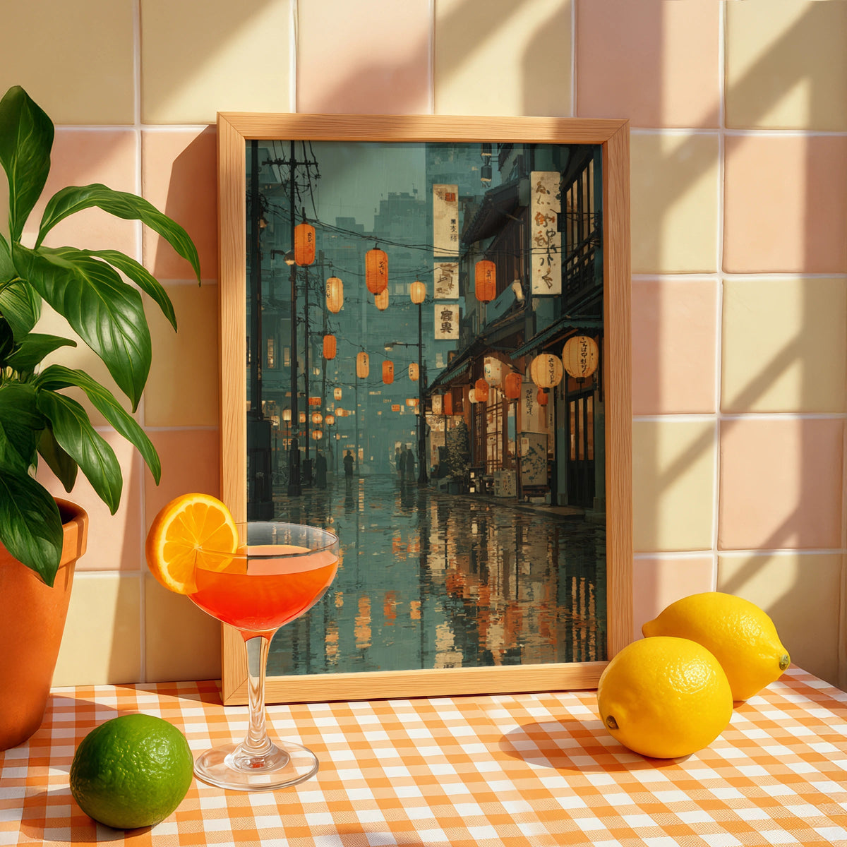Japanese Street Scene Poster, Rainy Night Lanterns, Teal Orange Urban Wall Art - COUNTY HOUSE SIGNS