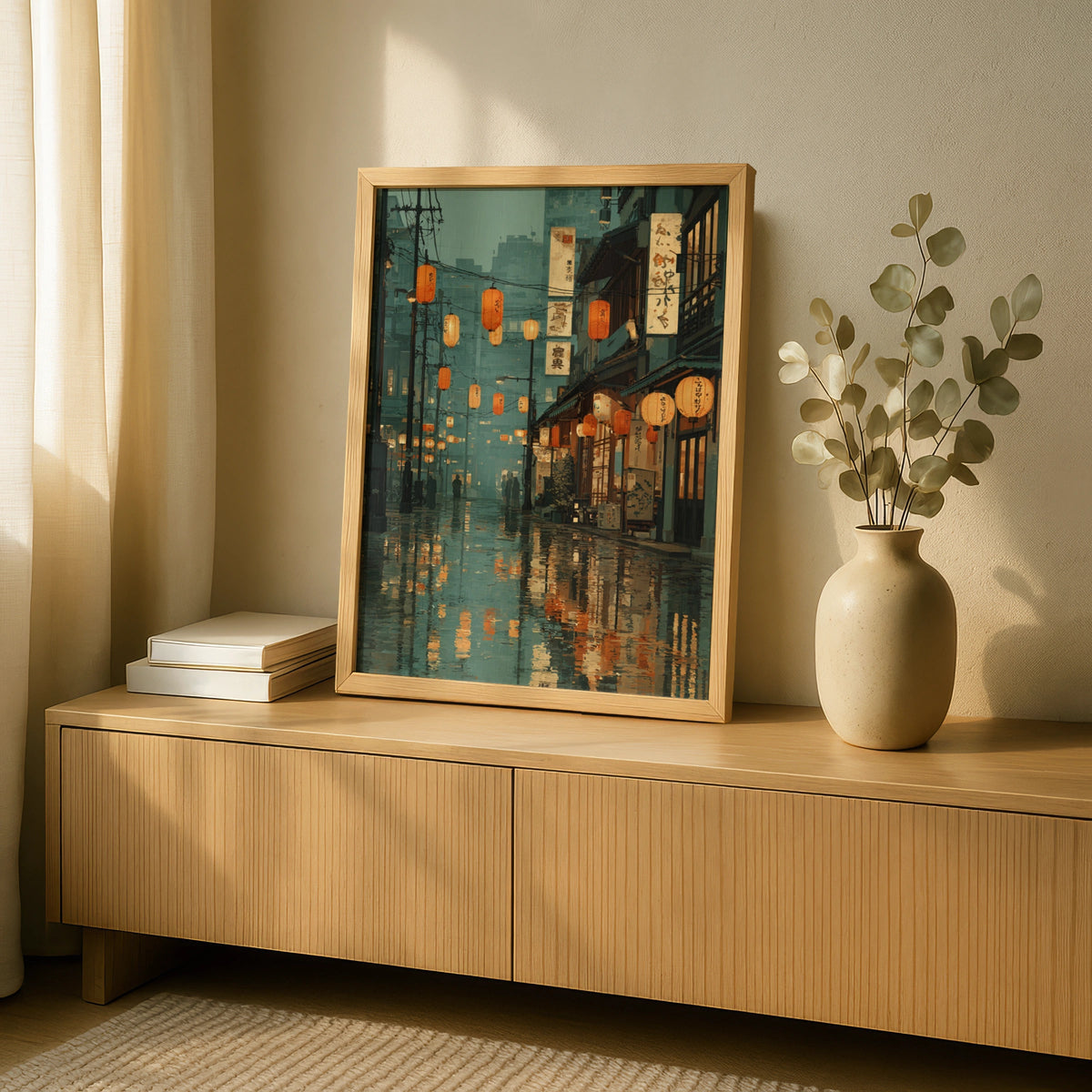 Japanese Street Scene Poster, Rainy Night Lanterns, Teal Orange Urban Wall Art - COUNTY HOUSE SIGNS