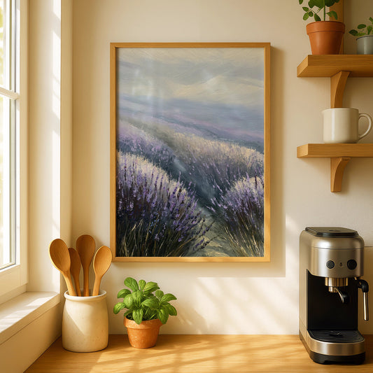 Lavender Field Poster, Purple Floral Landscape Wall Art, Misty Morning Nature Poster - COUNTY HOUSE SIGNS
