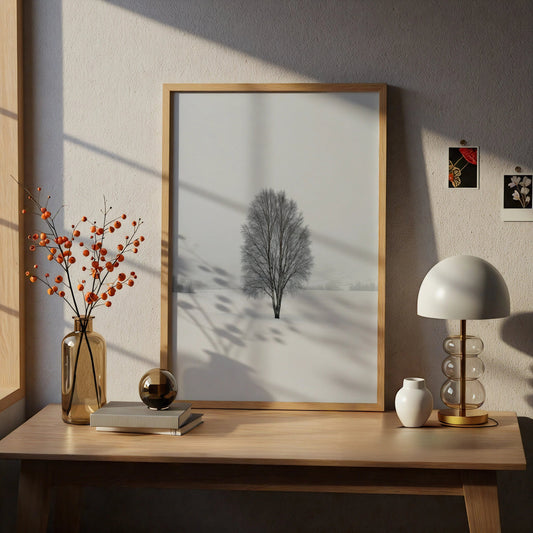 Leafless Tree in Snow, Scandinavian Minimalist Poster, Calm Winter Landscape Artwork - COUNTY HOUSE SIGNS