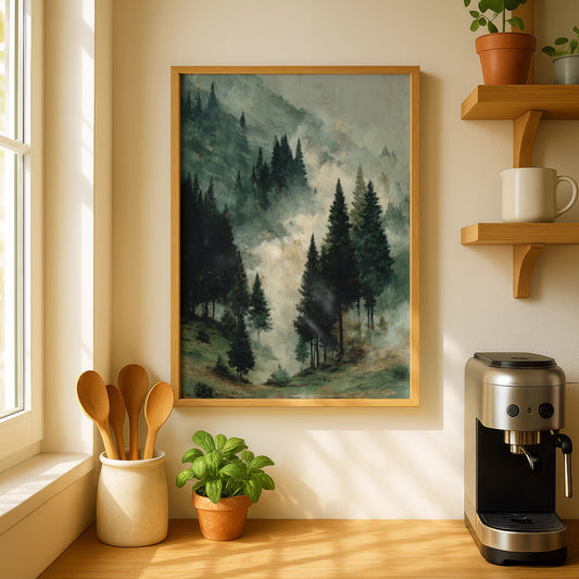Misty Forest Poster, Pine Tree Woodland Wall Art, Atmospheric Mountain Landscape, Dark Green - COUNTY HOUSE SIGNS