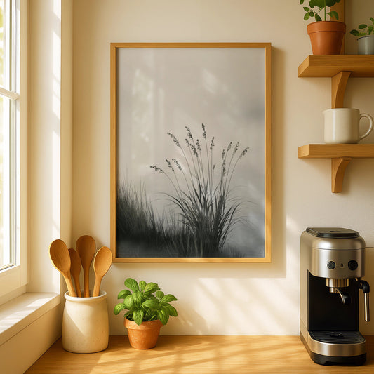 Misty Lake Reed Poster, Minimalist Nature Wall Art, Grey Botanical, Calm - COUNTY HOUSE SIGNS