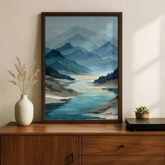 Mountain Lake Reflection Poster, Semi Abstract Landscape, Teal Blue Wall Art - COUNTY HOUSE SIGNS