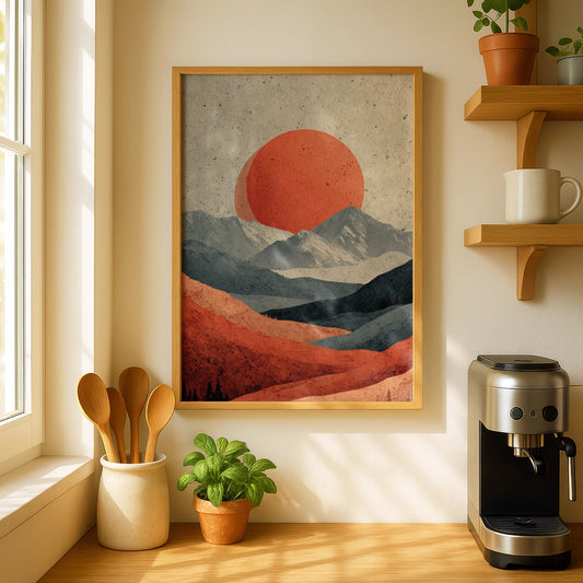 Muted Sun Mountain Landscape Poster, Abstract Rolling Hills Wall Art, Retro - COUNTY HOUSE SIGNS