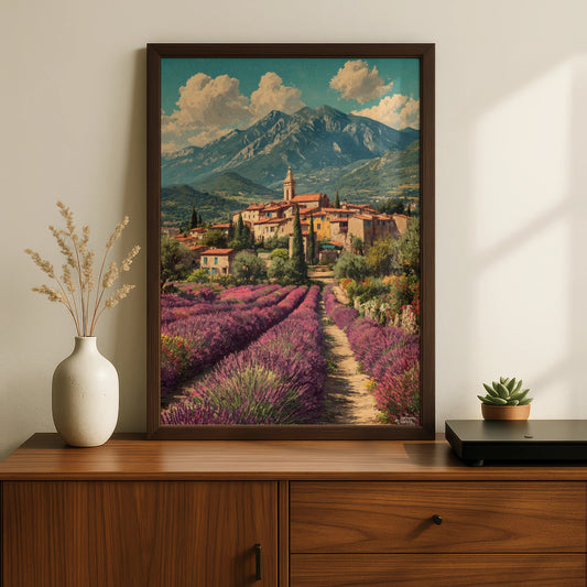 Provence Lavender Field Poster, Vintage French Village Travel Wall Art, France - COUNTY HOUSE SIGNS