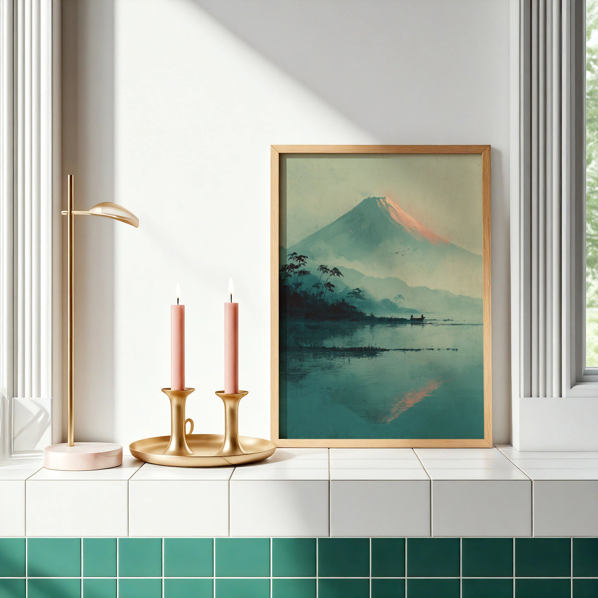 Mount Fuji Japanese Minimalist Poster, Teal Lake Landscape, Zen Wall Art Decor