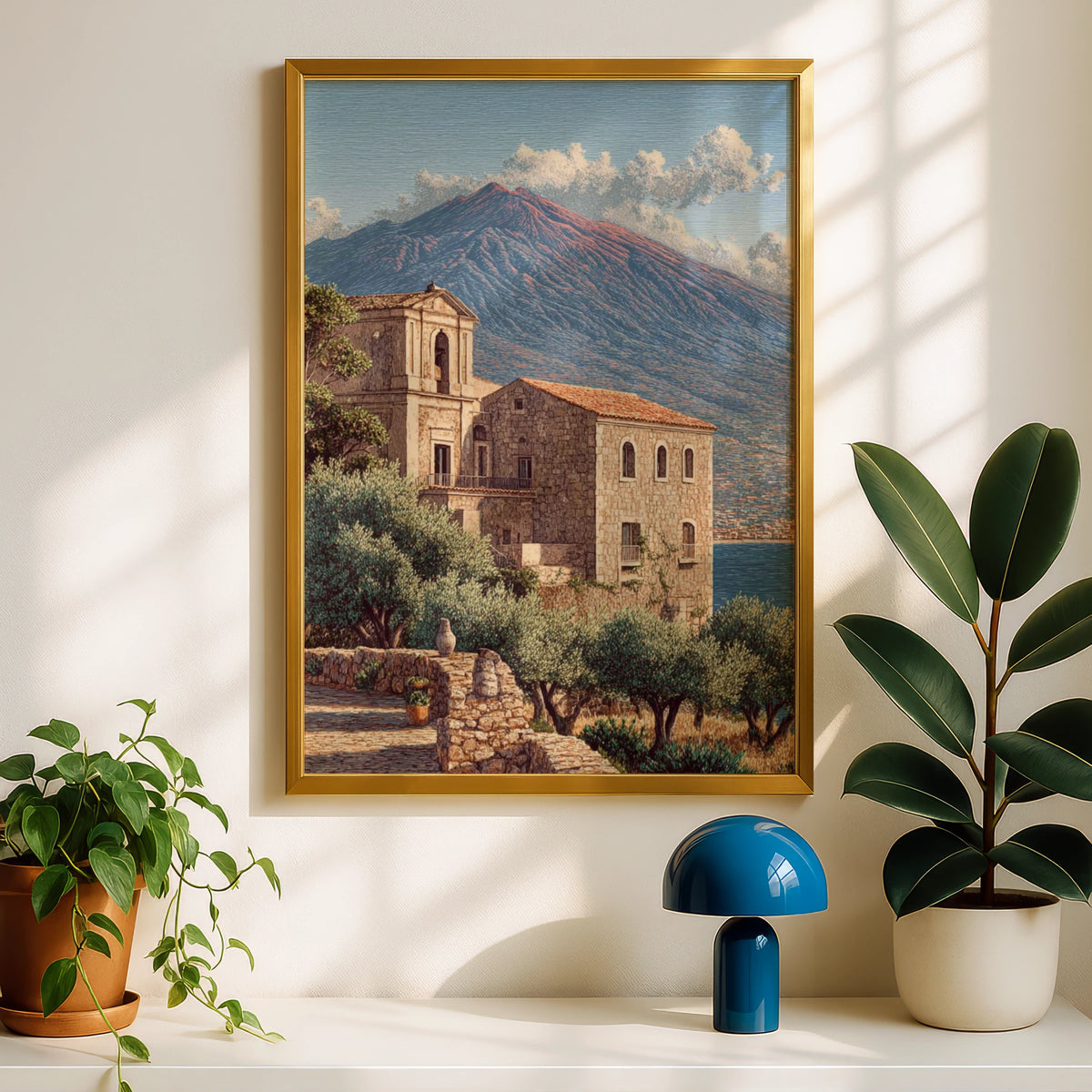 Sicily Travel Poster, Mount Etna Fine Art, Italian Village Wall Art, Mediterranean Decor