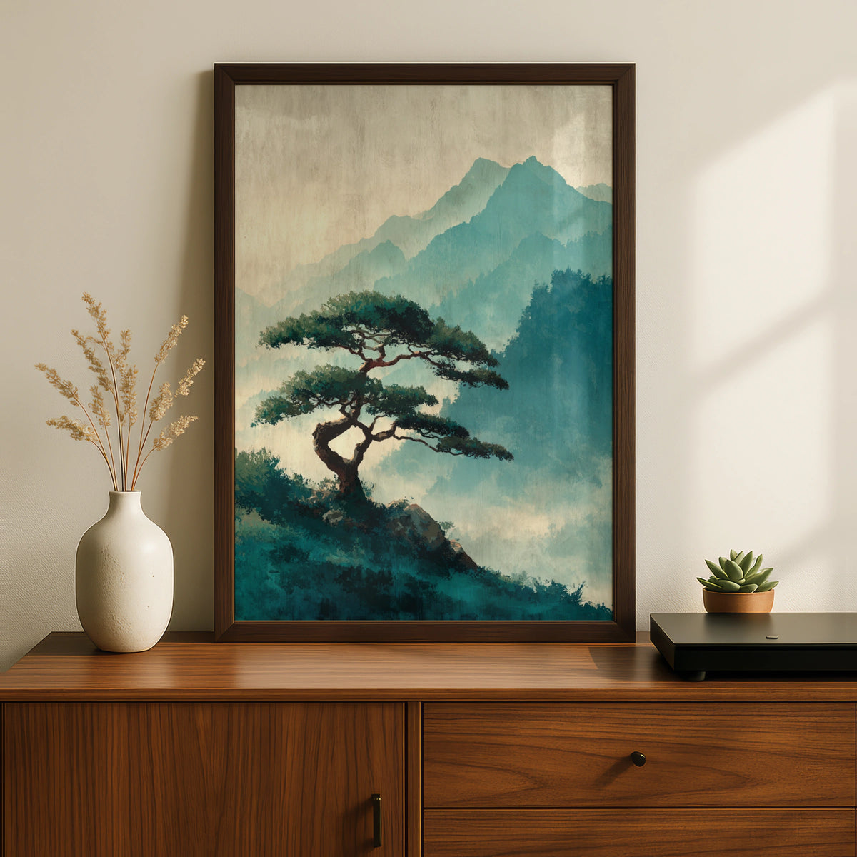 Japanese Pine Tree Poster, Misty Mountain Wall Art, Teal Nature Landscape, Zen Asian Decor