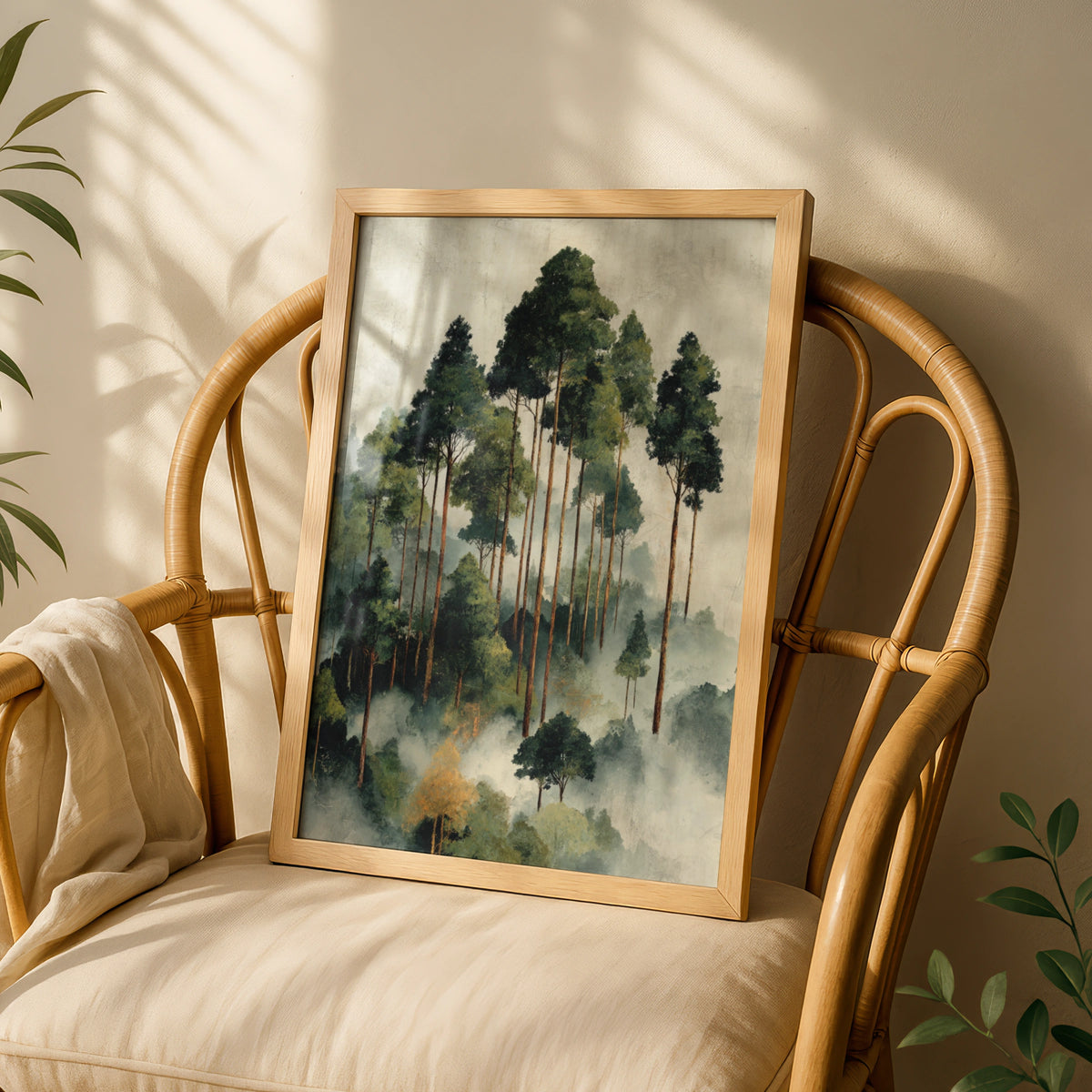 Misty Forest Poster, Abstract Foggy Trees Wall Art, Green Nature Poster, Woodland