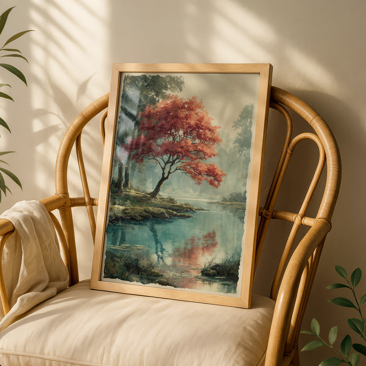 Japanese Maple Tree Poster, Autumn Pond Wall Art, Misty Forest Nature Poster, Red Foliage