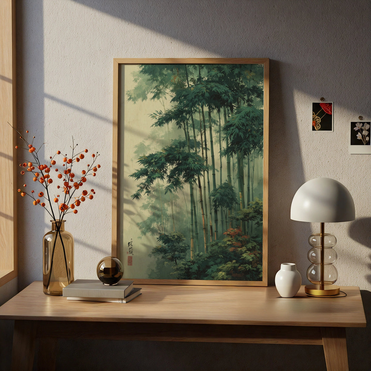 Japanese Bamboo Forest Poster, Botanical Wall Art, Green Zen Woodblock Style Decor