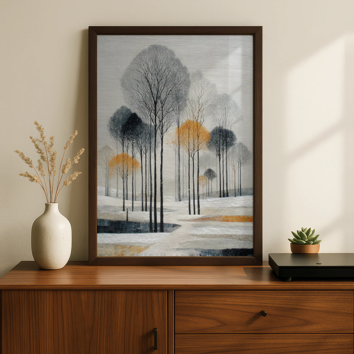 Winter Landscape Poster, Minimalist Tree Art, Grey Gold Wall Decor, Snowy Forest