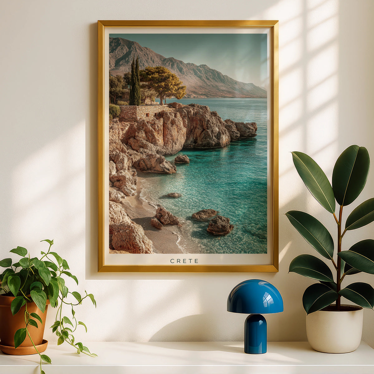 Crete Poster, Greek Island Wall Art, Minimalist Mediterranean Coast, Teal Sea Travel Poster