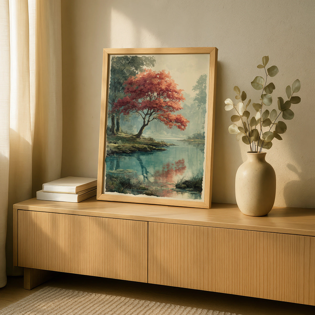 Japanese Maple Tree Poster, Autumn Pond Wall Art, Misty Forest Nature Poster, Red Foliage