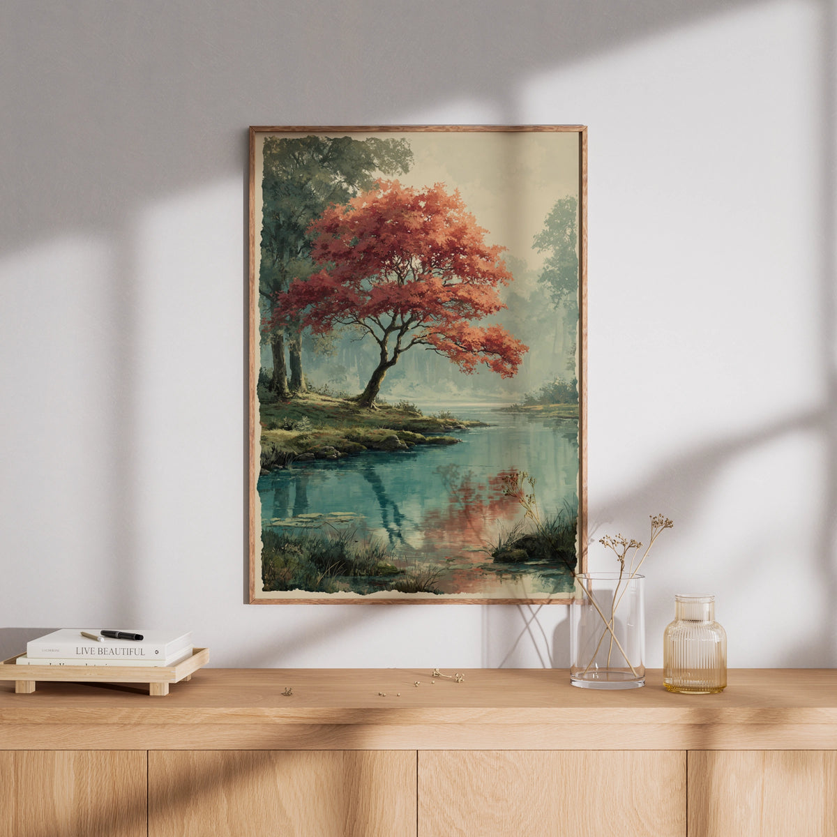 Japanese Maple Tree Poster, Autumn Pond Wall Art, Misty Forest Nature Poster, Red Foliage