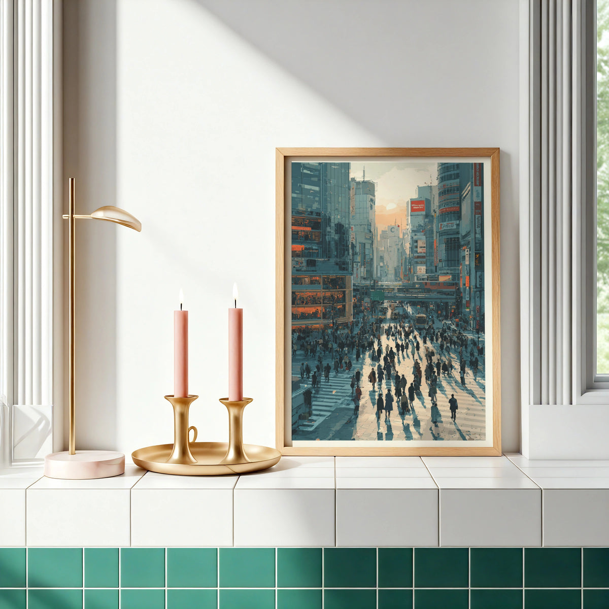 Tokyo Street Scene Poster, Modern Japanese City Art, Urban Wall Art, Blue Orange Cityscape