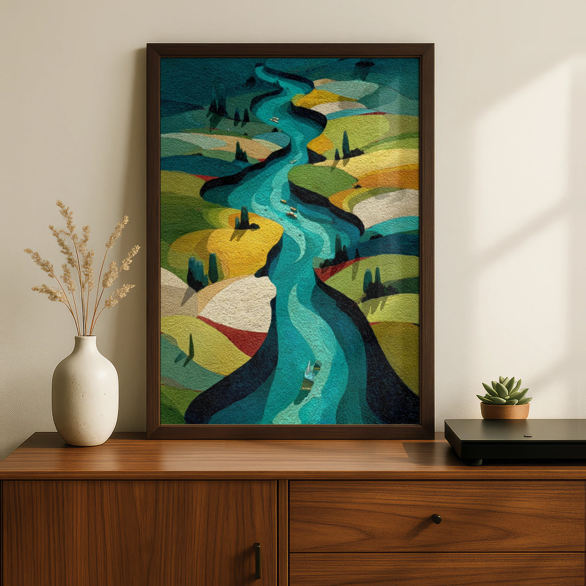 Winding River Aerial Landscape Poster, Abstract Nature Wall Art, Teal Green