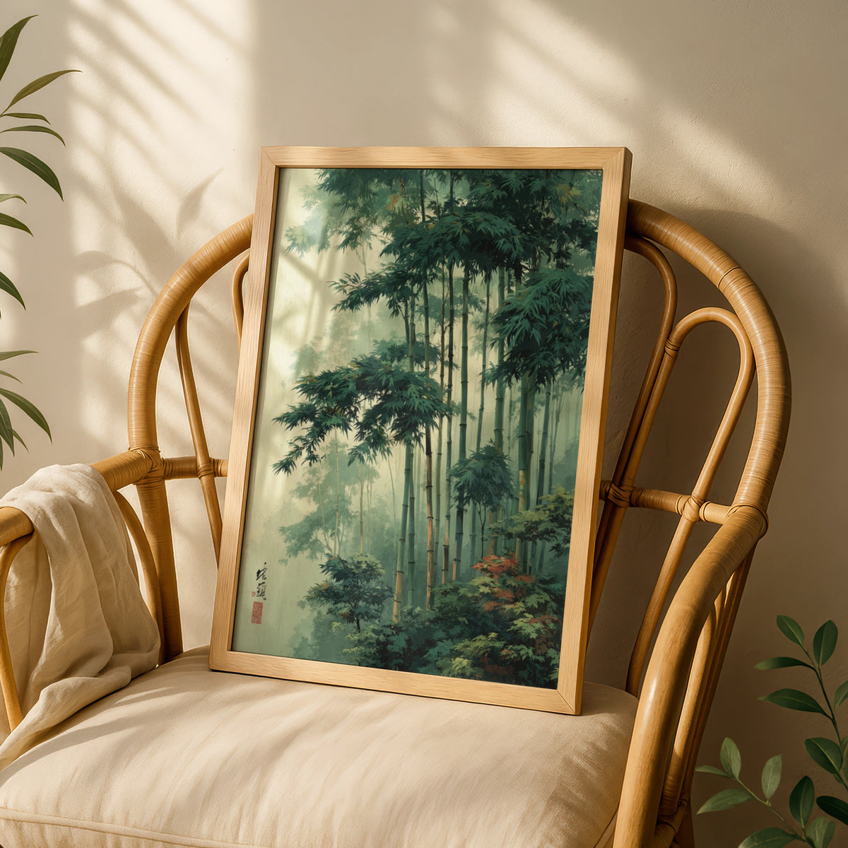 Japanese Bamboo Forest Poster, Botanical Wall Art, Green Zen Woodblock Style Decor