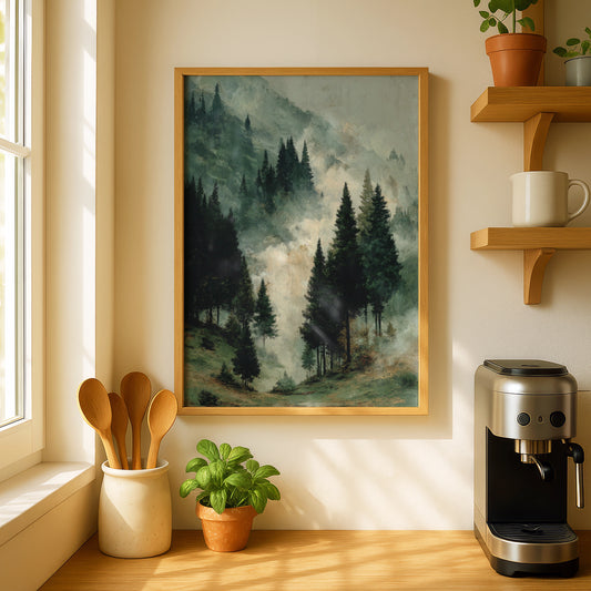 Misty Forest Poster, Pine Tree Woodland Wall Art, Atmospheric Mountain Landscape, Dark Green