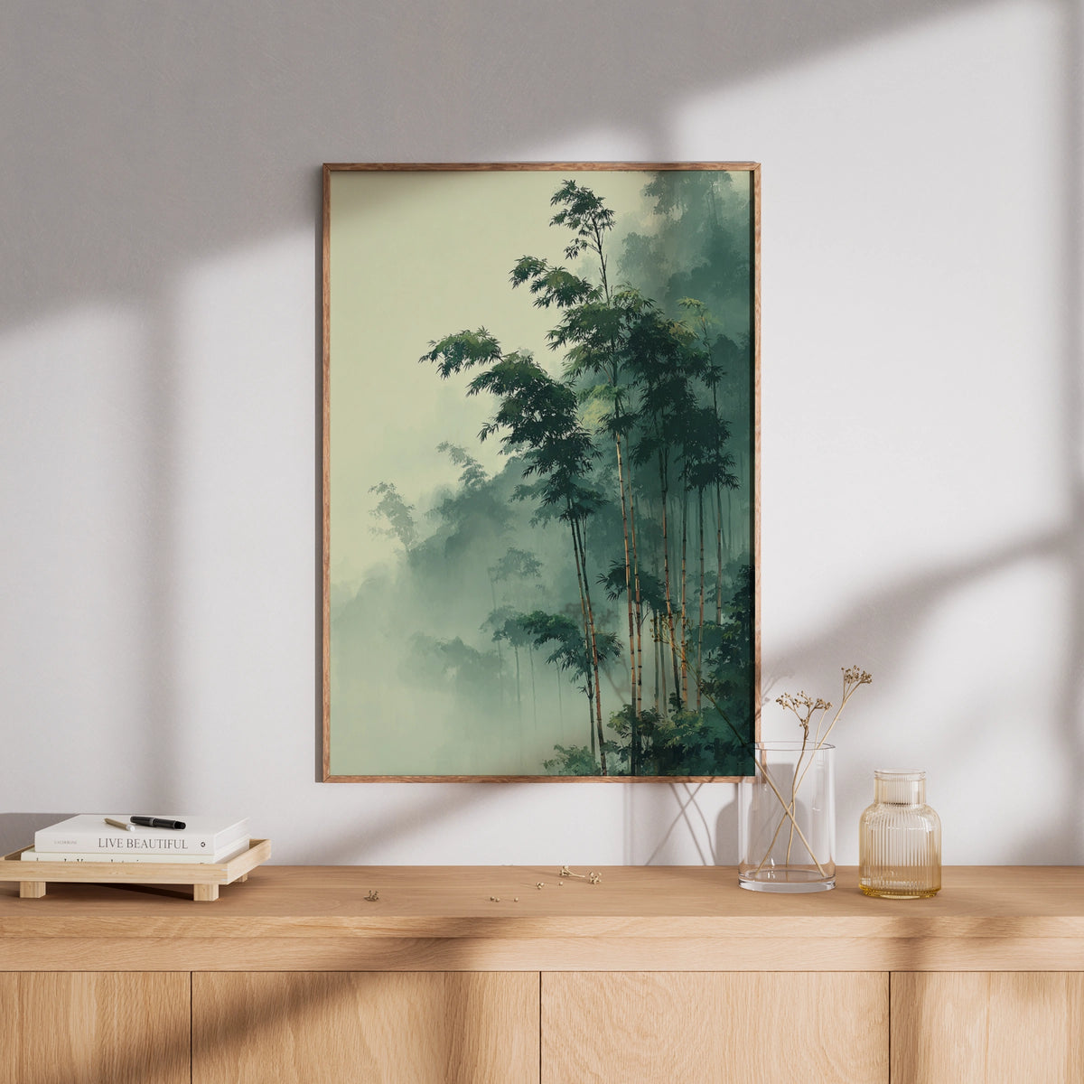 Japanese Bamboo Forest Poster, Misty Green Nature Wall Art, Botanical Zen Decor