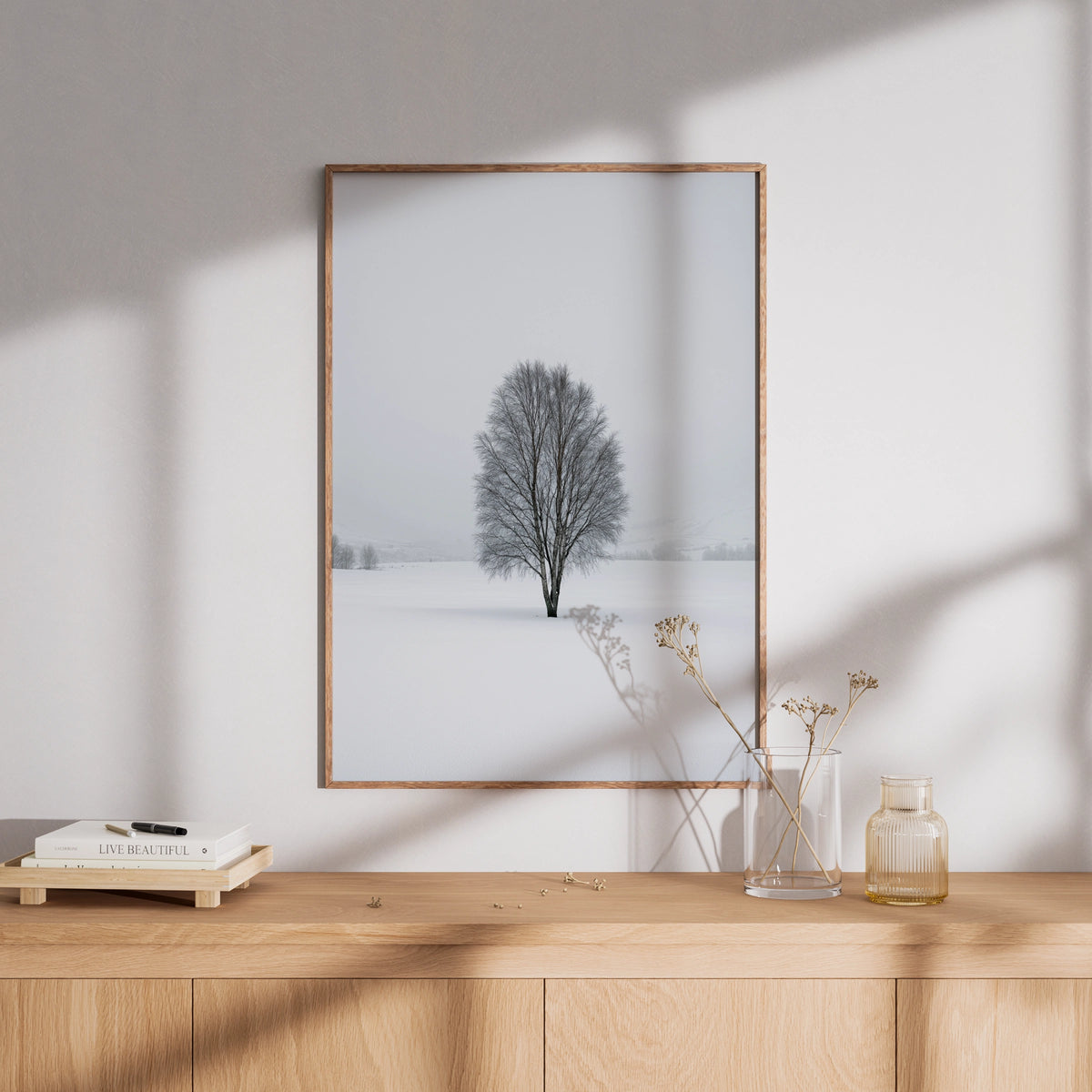 Leafless Tree in Snow, Scandinavian Minimalist Poster, Calm Winter Landscape Artwork