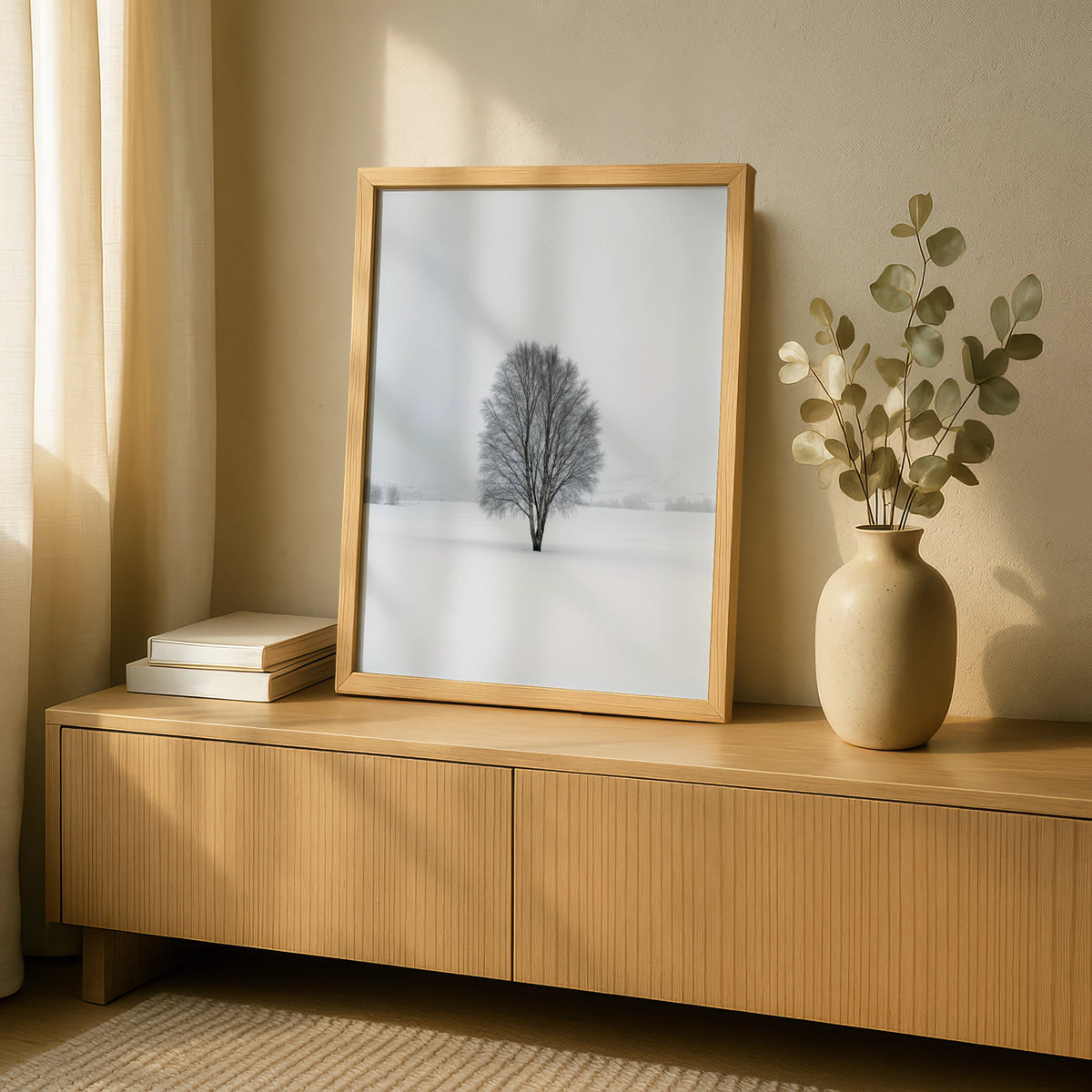 Leafless Tree in Snow, Scandinavian Minimalist Poster, Calm Winter Landscape Artwork