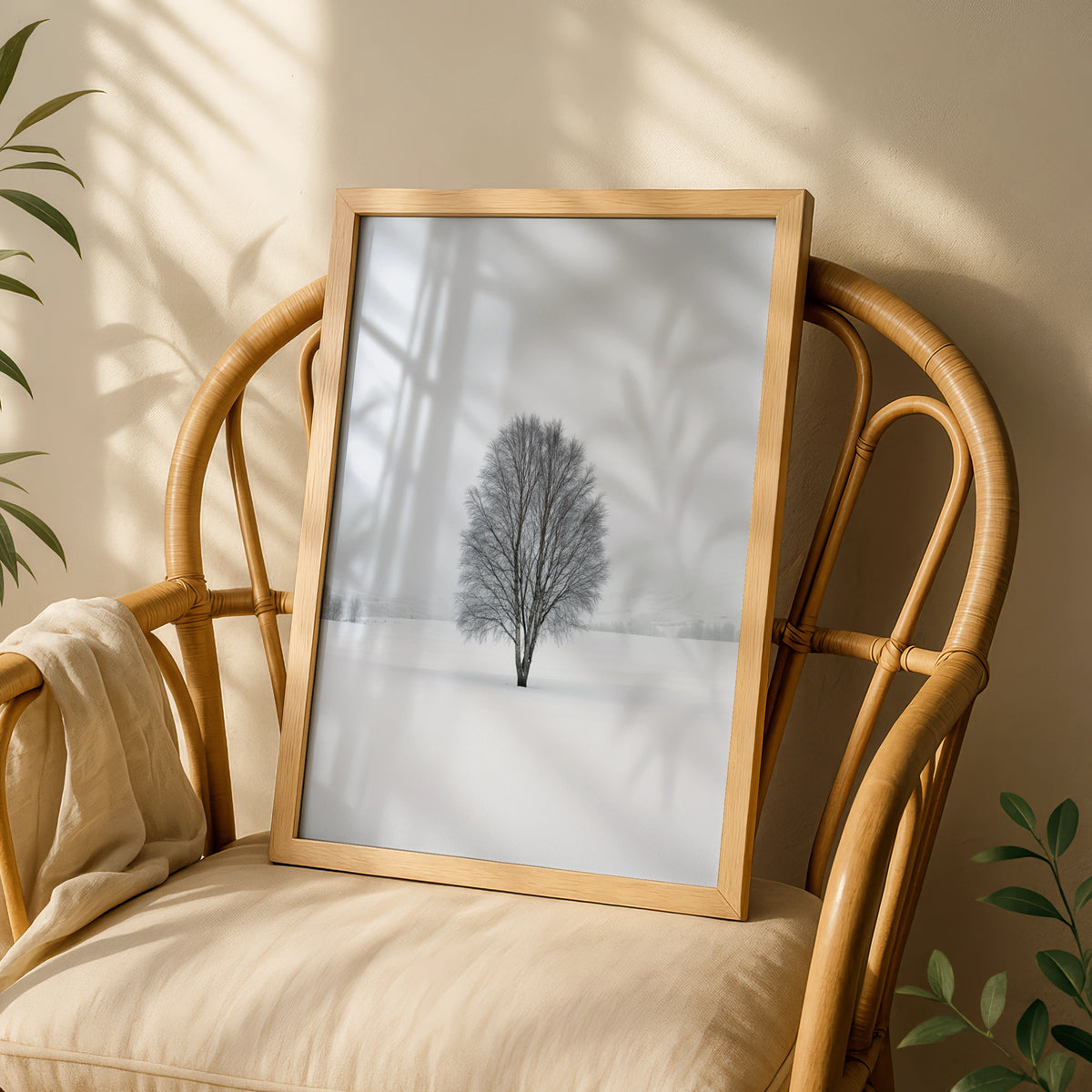 Leafless Tree in Snow, Scandinavian Minimalist Poster, Calm Winter Landscape Artwork
