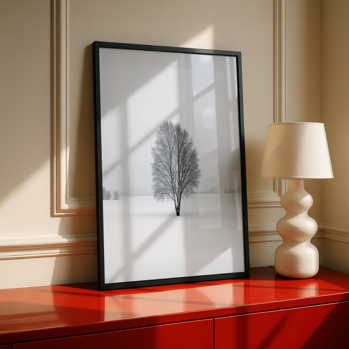 Leafless Tree in Snow, Scandinavian Minimalist Poster, Calm Winter Landscape Artwork