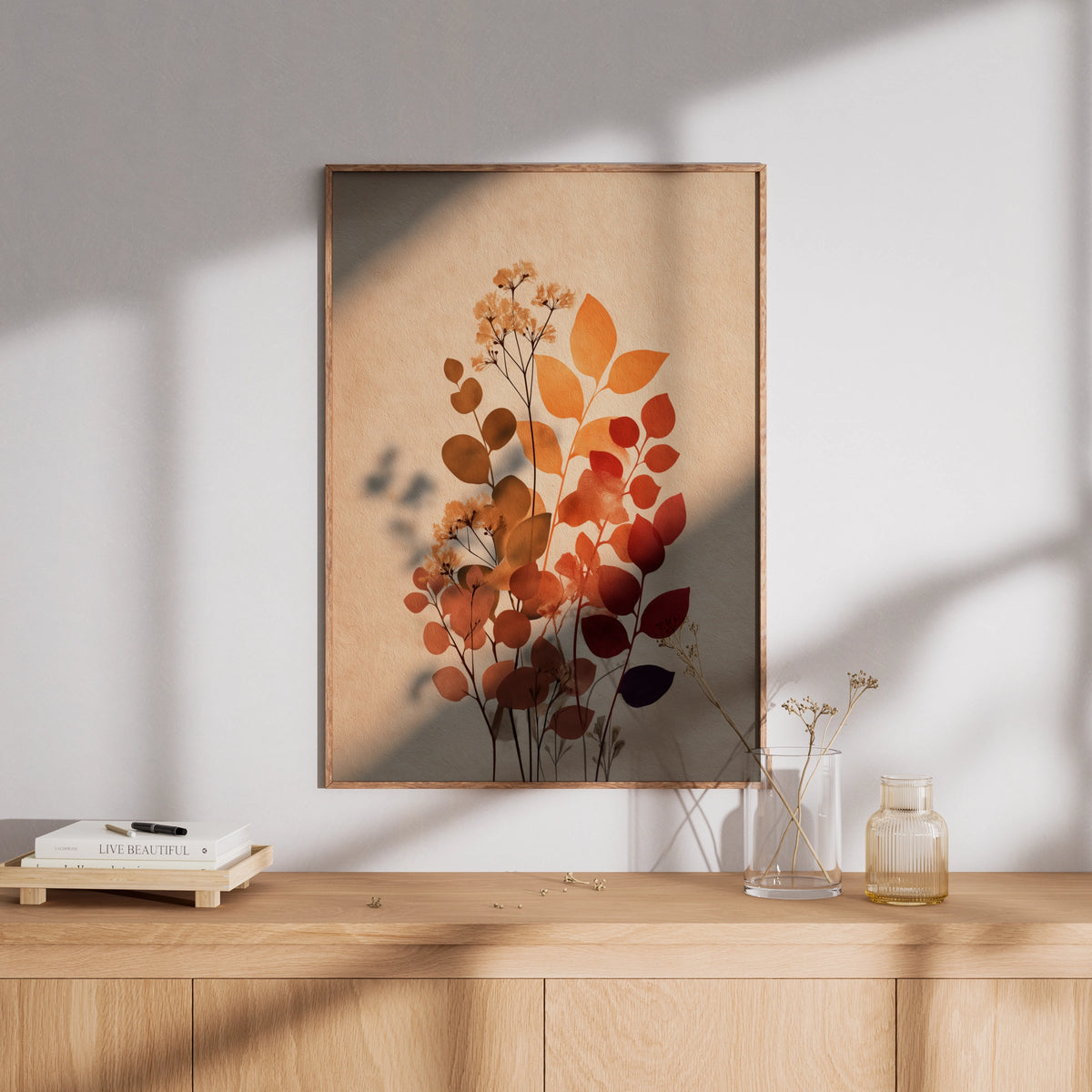 Terracotta Botanical Poster, Neutral Boho Leaf Wall Art, Scandinavian Floral Decor