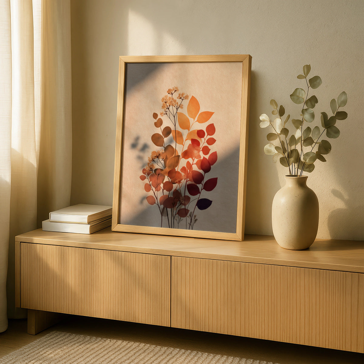 Terracotta Botanical Poster, Neutral Boho Leaf Wall Art, Scandinavian Floral Decor