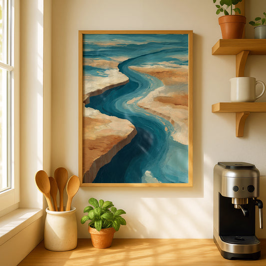 Abstract Coastal Landscape Poster, Ocean Blue Sand Wall Art, Aerial Beach Decor