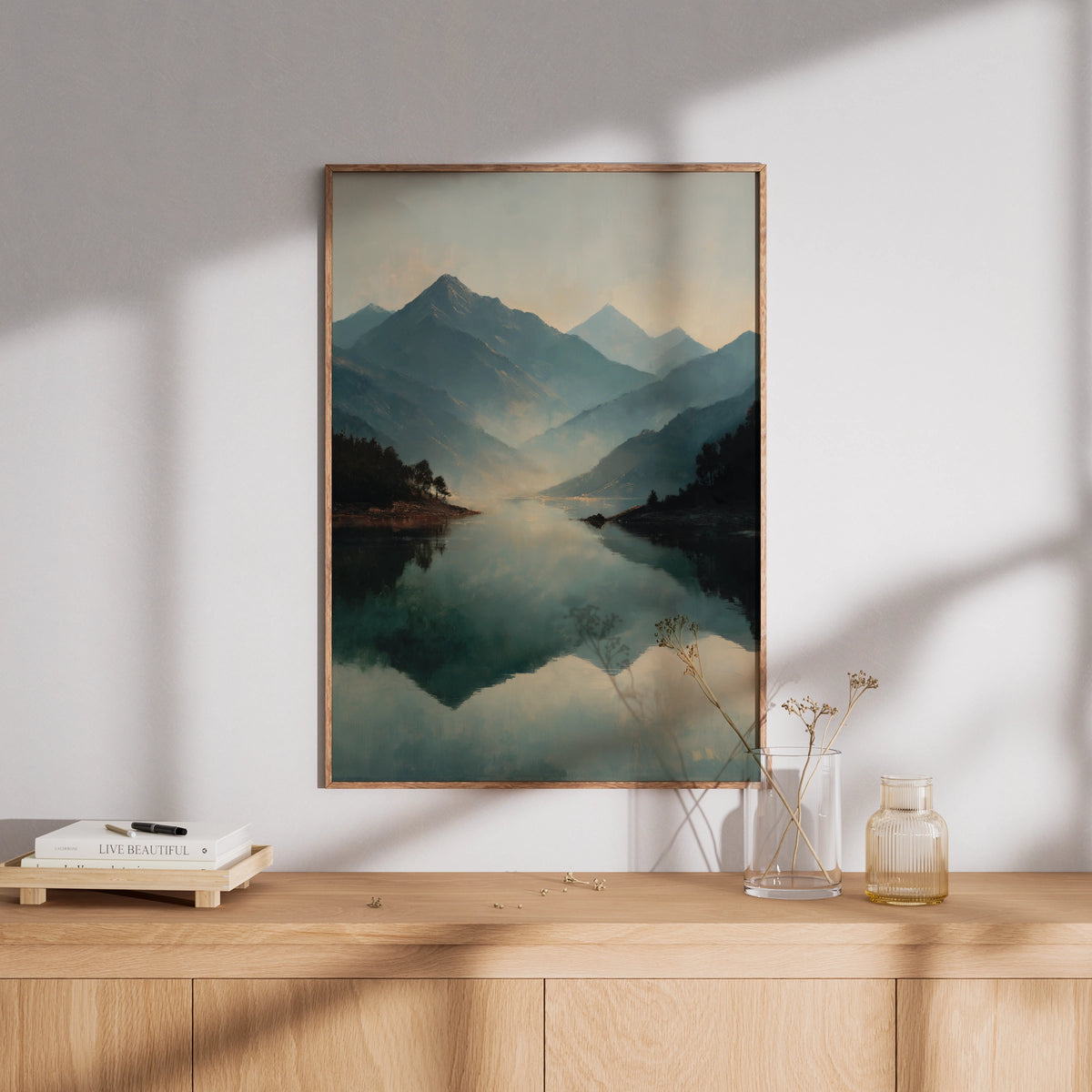 Mountain Lake Reflection Poster, Misty Japanese Landscape Wall Art, Teal Grey Decor