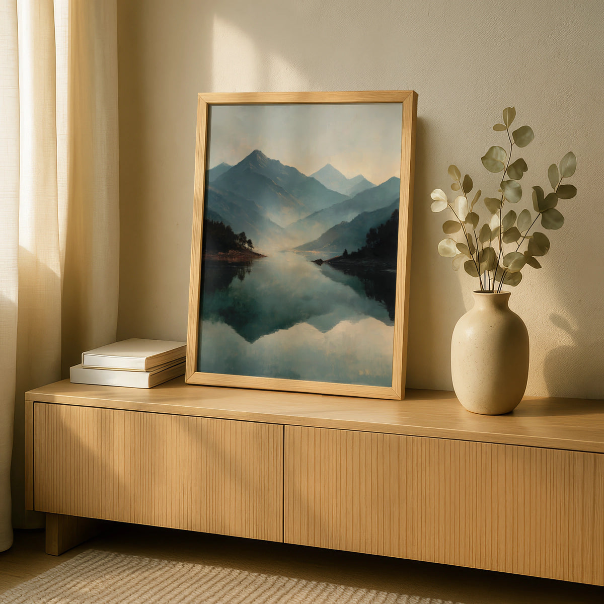Mountain Lake Reflection Poster, Misty Japanese Landscape Wall Art, Teal Grey Decor